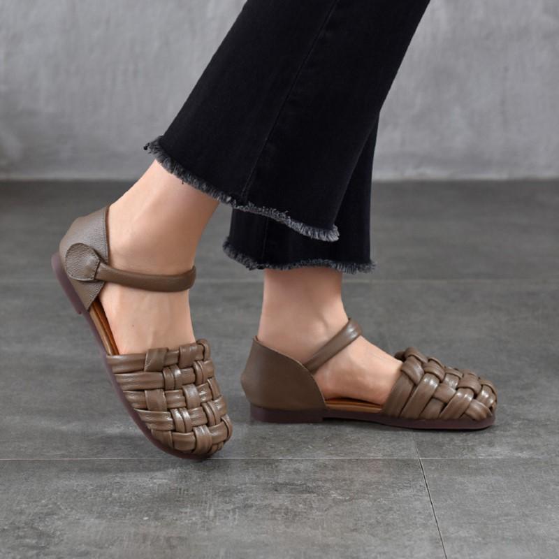Johnature Versatile Women's Shoes Casual Genuine Leather Hand Woven Round Toe Flat Sandals