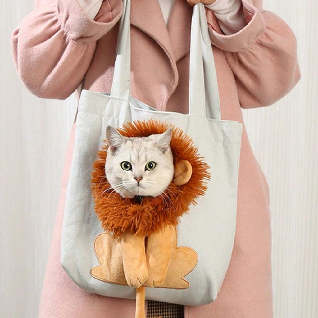 New Adorable, Practical, and Cute Lion Shaped Canvas Pet Shoulder Bag - Convenient Portable Cat Tote with Shoulder Strap - Handy