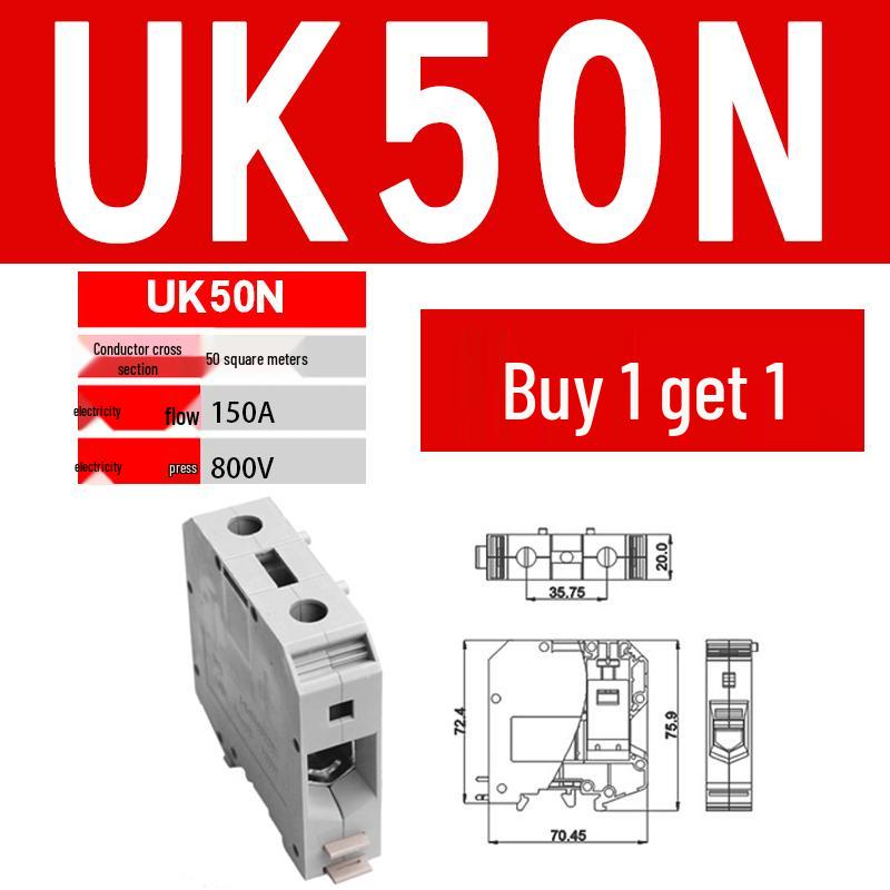 UK 2.5B/5/6/10N Rail Mount Terminal Block with Non-Stripping Screw Clip