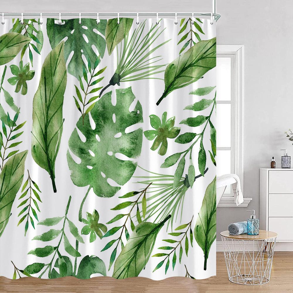 Green Leaves Shower Curtains Monstera Palm Leaf Green Plants Botanical Bathroom Curtain Greenery Bath Deorations with Hooks