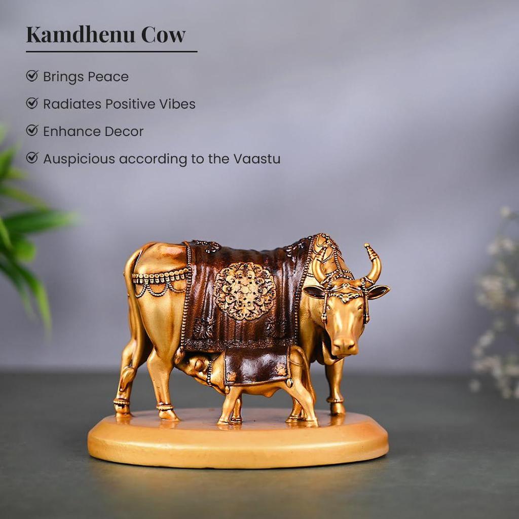 Handcrafted Kamdhenu Cow and Calf Statue Kamdhenu Cow with Calf Vastu Resin Fengshui Figurine for Car Dashboard Home Deocration Gifting Good Luck