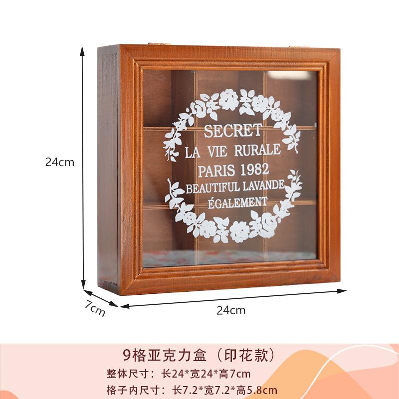 Vintage nordische hölzerne Schreibtisch-Schmuckaufbewahrungsbox mit Klappdeckel, Aufbewahrungsbox mit neunfächrigem gemustertem Glasdeckel