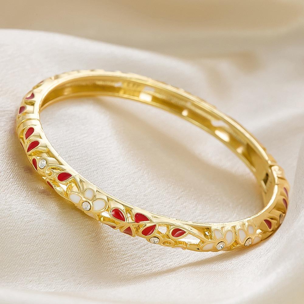 New Colorful Enamel Floral Bangle Chinese Style Handmade Open Cuff Bracelet Gold Plated Elegant Diamond Bangle Women