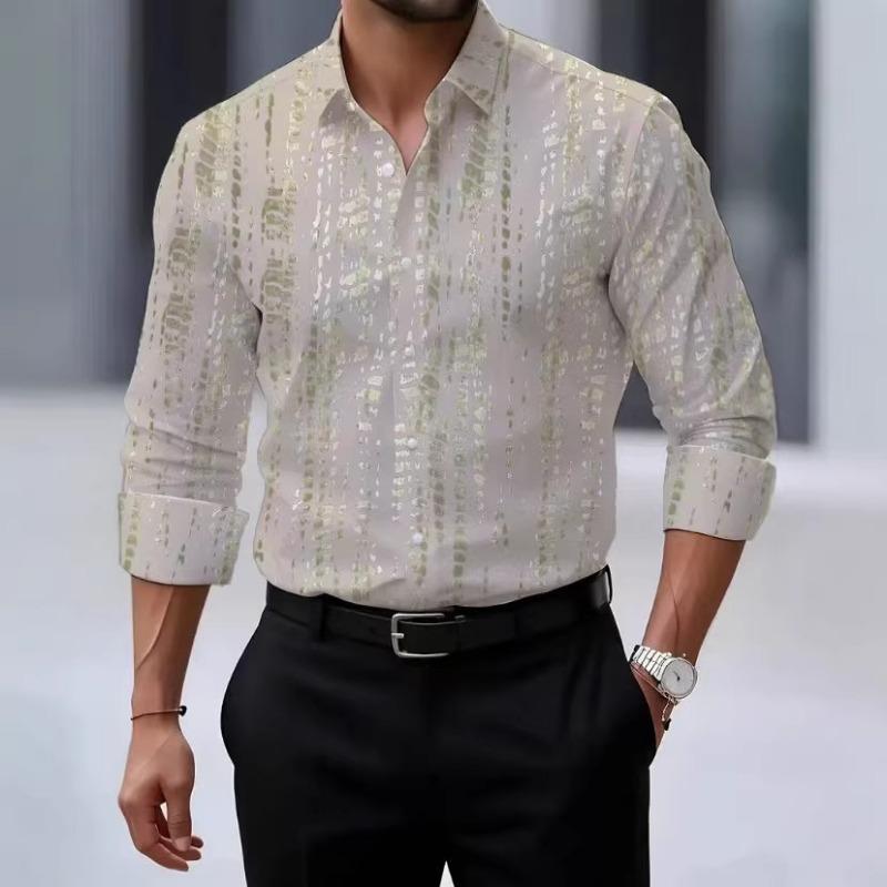 Men Abstract Tie Dye Print Long Sleeve Button Down Shirt Casual Business Top S хаки
