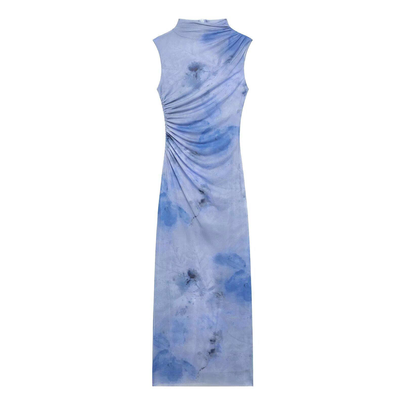 

2025 Spring Women s Elegant Slimming Pleated Print Midi Dress XS синий