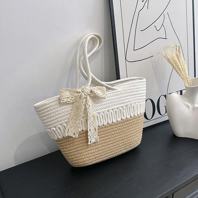 Elegant Beach Ready Woven Tote Bag For Women In Cream And Colorful Dots White Khaki,Single Bag