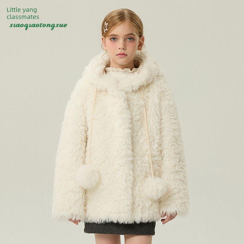 Children's Fur Coat 2025 Autumn and Winter New Style Girls' Korean Fleece Cardigan Little Girl's Furry Coat with Pom-Poms