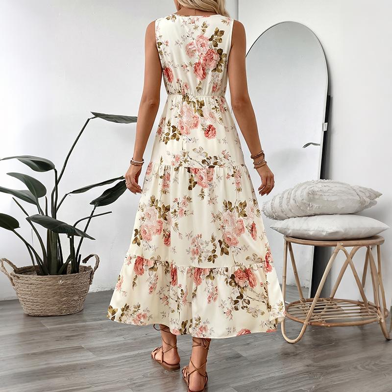 Independent station long dress summer new European and American women's clothing printed sleeveless dress