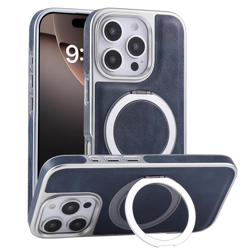 360 Metal Finger Ring Bracelet Magnetic Case For iPhone 13 14 15 16 Pro Max Retro Leather Business Kickstand Shockproof Cover