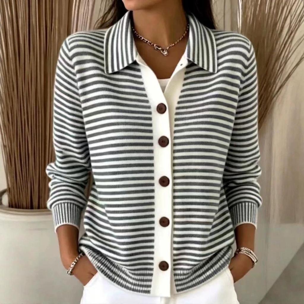 European & American Striped Knit Button Cardigan: Autumn/Winter Casual Solid Color Fashion for Women 2026