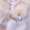 French retro natural square baroque special-shaped pearl stud earrings female court style high-end temperament gold foil earrings
