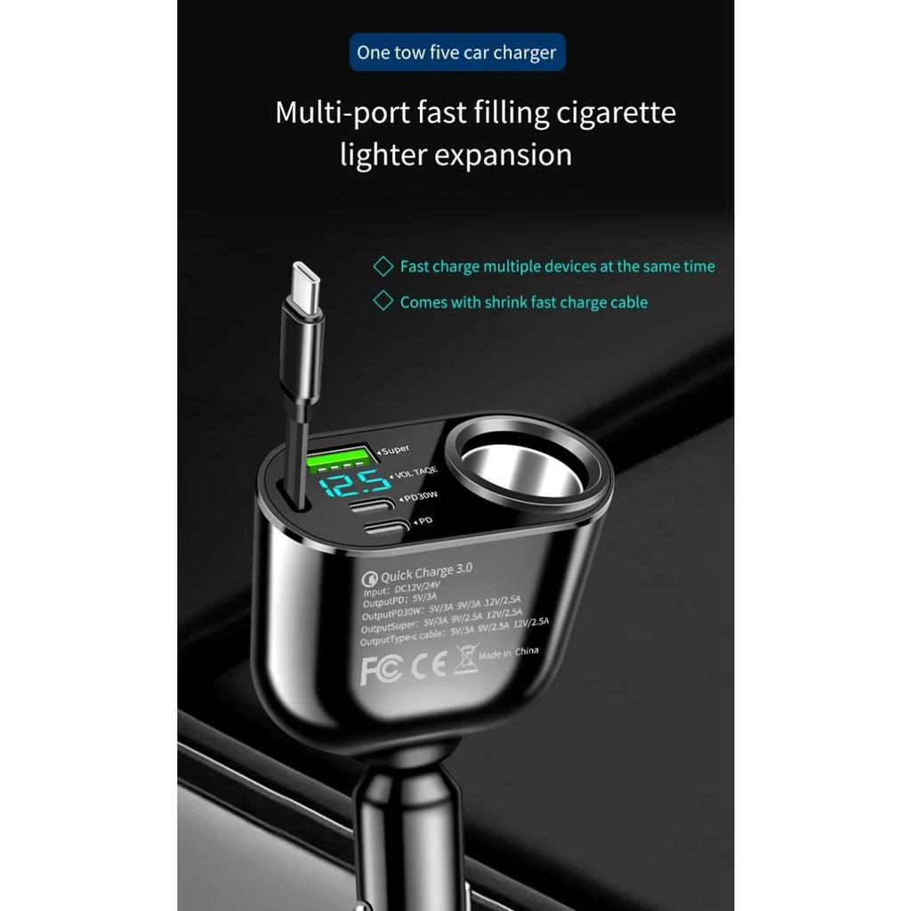 5 In 1 PD 30W Super Fast Charging Socket Car Charger 4 Ports USB Type C Fast Charging for IPhone 16 15 Xiaomi Samsung