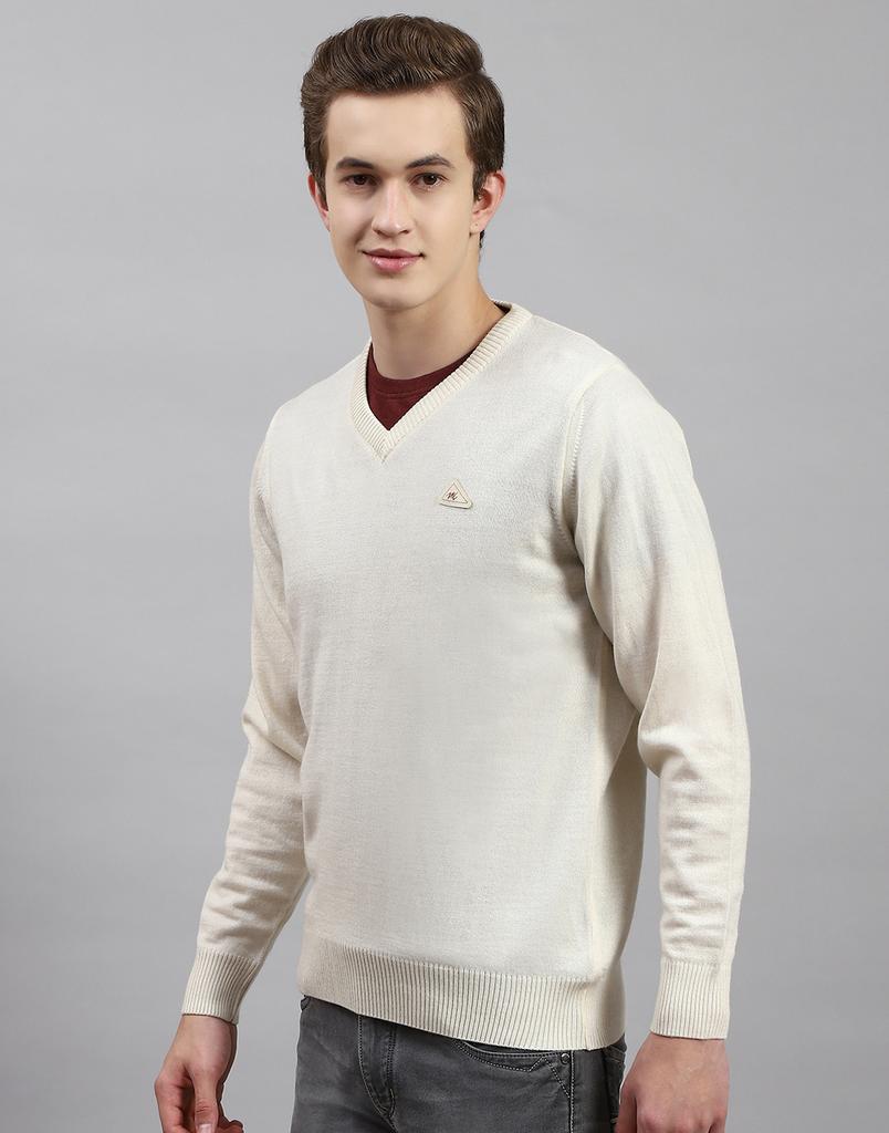 MONTE CARLO Mens Cream Solid V Neck Pullover