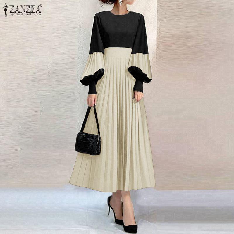 ZANZEA Women Casual Round Neck Puff Long Sleeve Loose Patchwork Dress