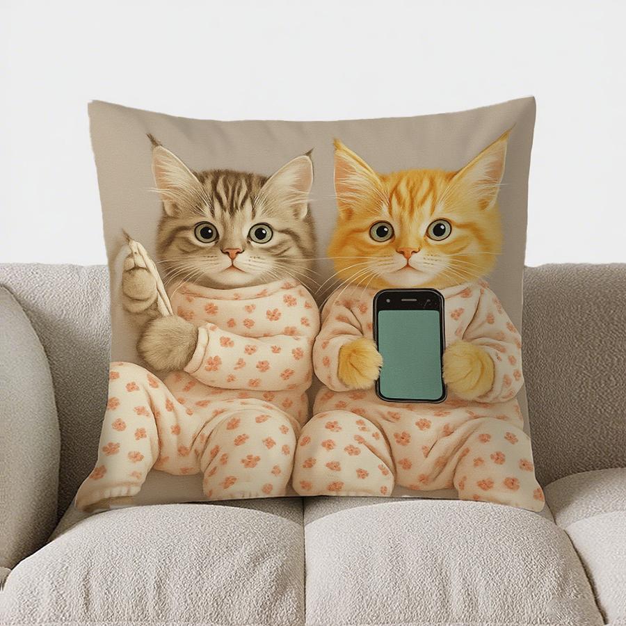 Home Decor Cute Cats In Pjs Holding Phone Pillow Cover Pattern Cushion Cover Suitable For Sofa Bedroom Car Pillow Cover