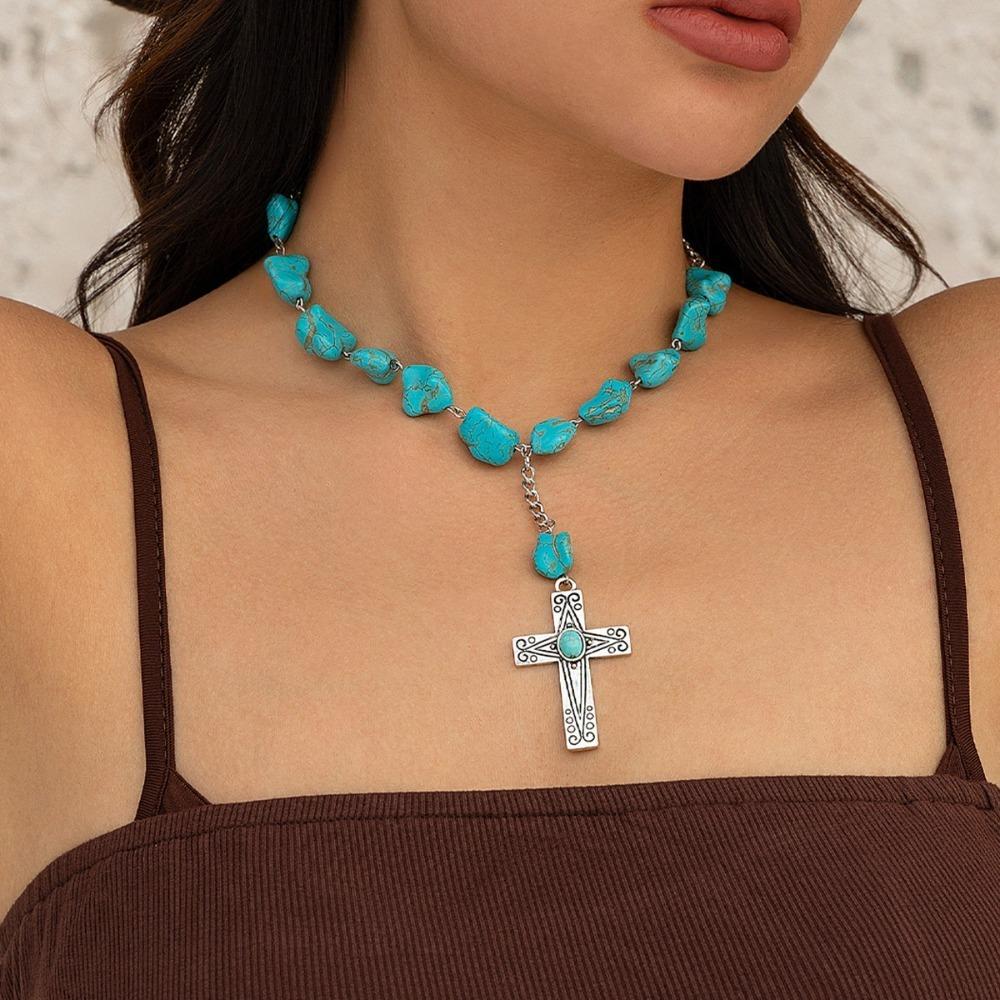 Retro Ethnic Irregular Turquoise Metal Cross Pendant Personality Double Layer Necklace for Women Collar Chain Charm Jewelry Gift