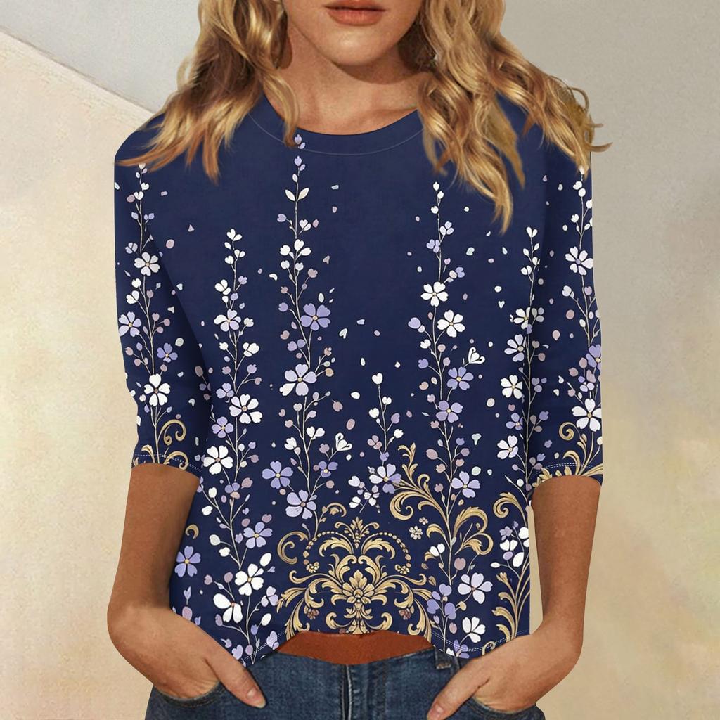 Women's Casual Floral Print Three Quarter Sleeve Top Round Neck Blouse Lightweight Comfortable Fit Suitable for Everyday Wear