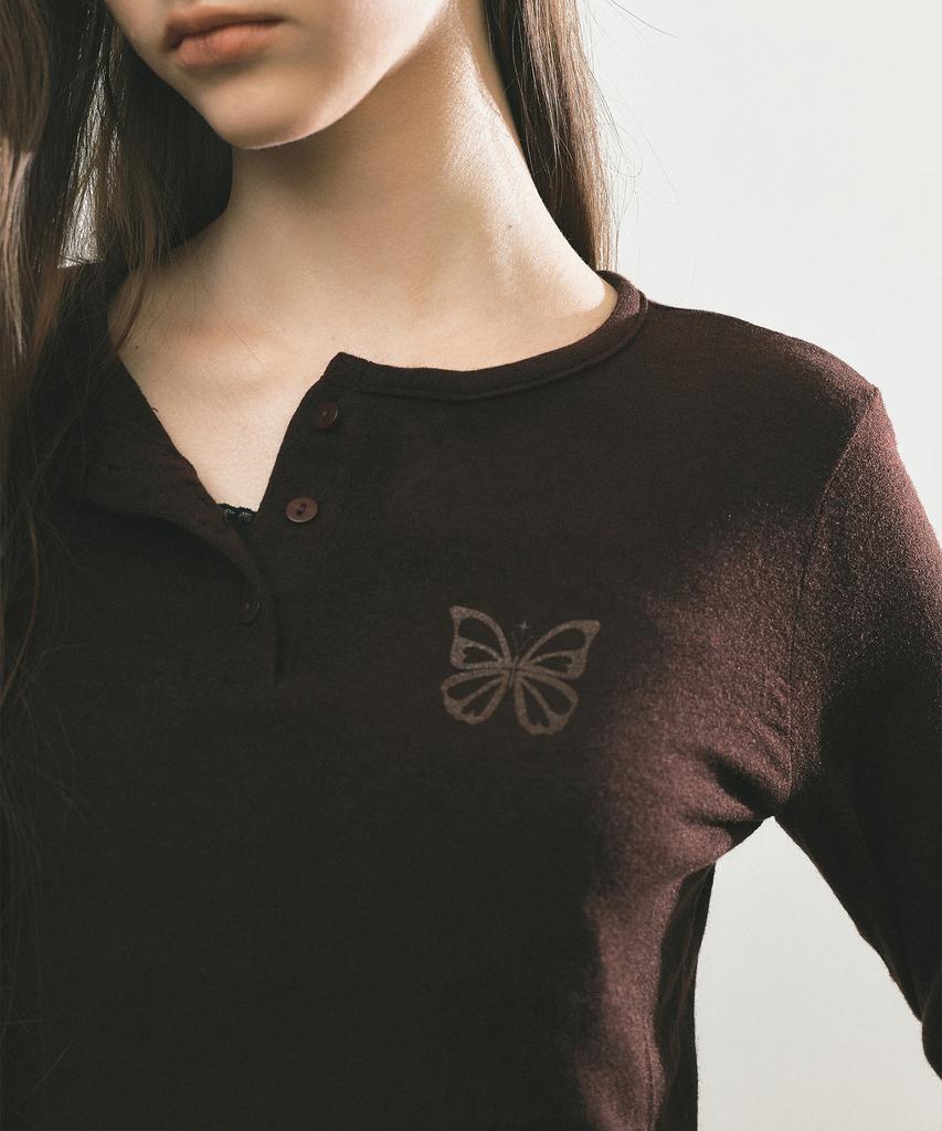 NICK&NICOLE Butterfly Henleyneck Sleeve Top_Brown