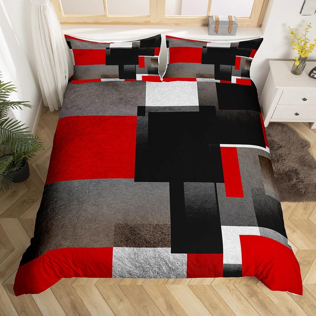 Homewish Geometric Anstract Duvet Cover Set For AdultPink Grey Square Bedding SetModern Fashion Bed Set