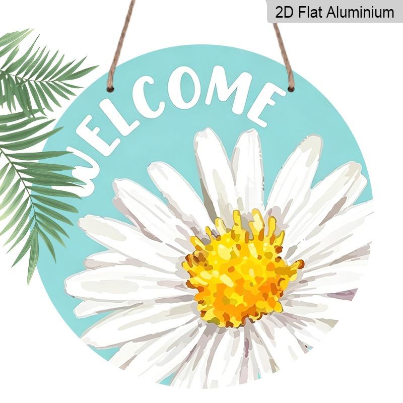 2D Flat Watercolor Daisy Welcome Hanging Sign, Aluminum Decorative Sign and Plaque, Various Sizes. Simple Style, Sea Blue Background, Floral Wall