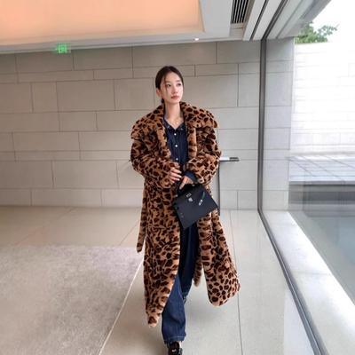 Damen Kunstpelzmantel Leopardenmuster Langer Übermantel Revers Streetwear Winter Oberbekleidung