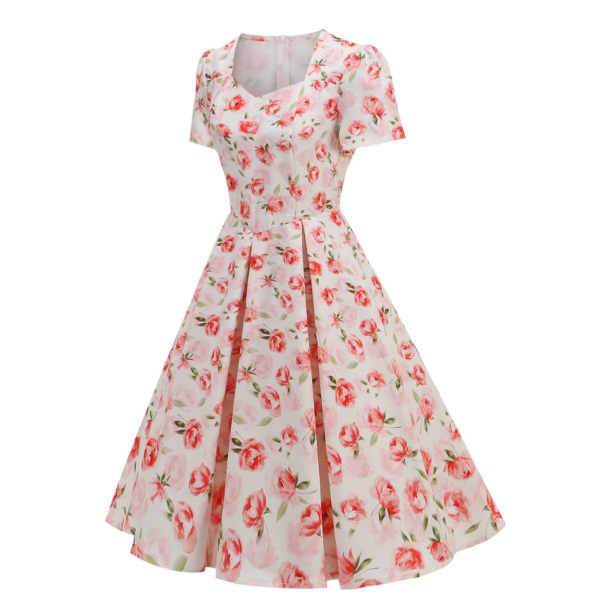 

Hepburn-Style Vintage Print Square Neck Summer Dress XL фіолетовий