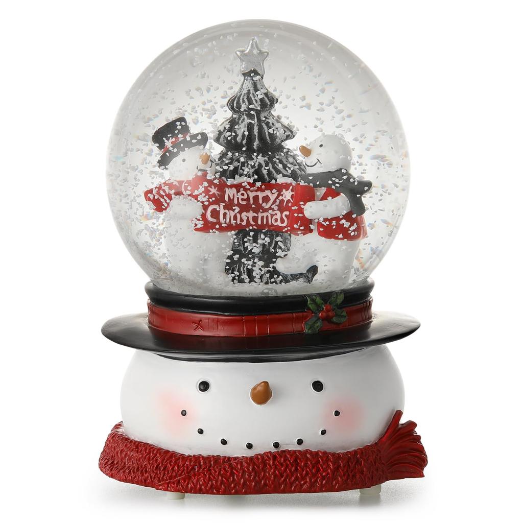 Lewondr Snow Globe (Hand-Shake Type, Built-in Warm LED, Snowmen with Banner)