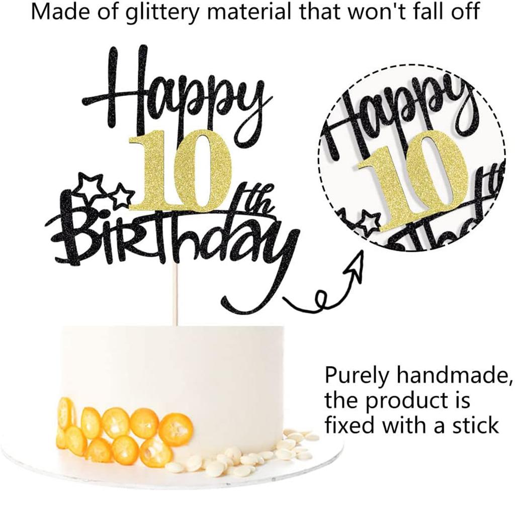 2Pcs Black Gold Happy 10 Birthday Cake Topper Hello 10 Cheers 10 10 Years 10 Loves & Wishes Party Decorations for Birthday Party
