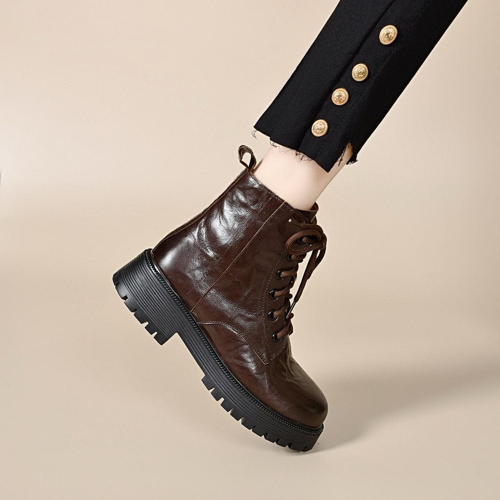 Martin boots women's autumn and winter new lace-up leather boots thick heel casual flat boots basic round head women's boots short boots