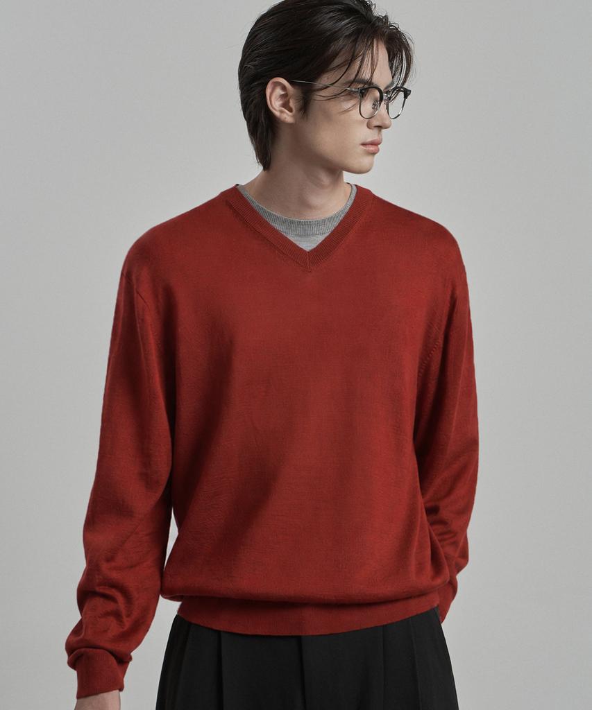 WORK ON BODY OFF Ars Semi-Overfit Layered V-Neck Knit [Red]