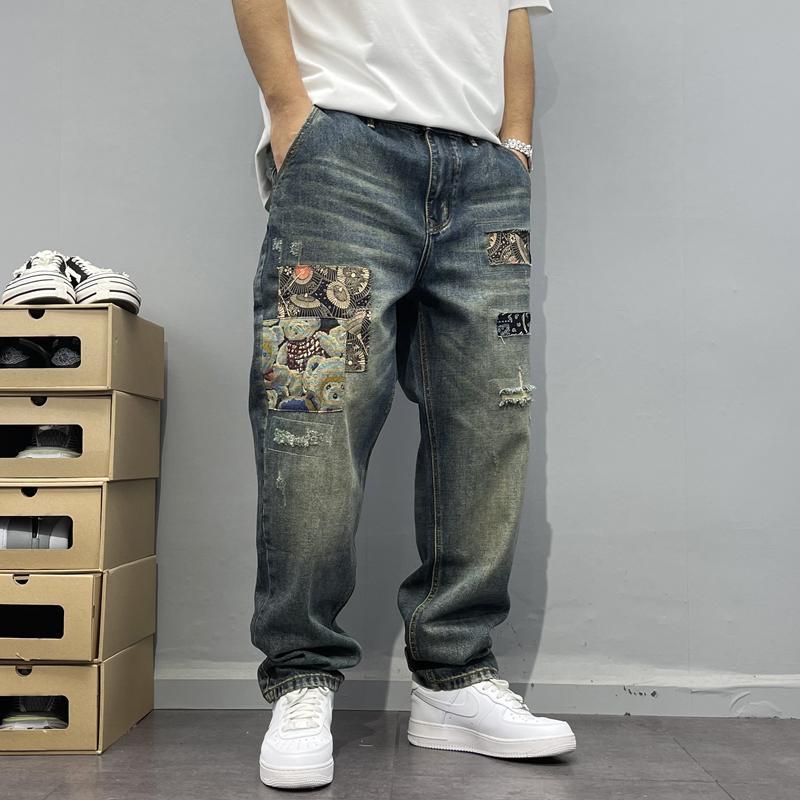 Washed Vintage Patchwork Jeans with Patches Men's Loose Straight Leg Pants High Street Trend