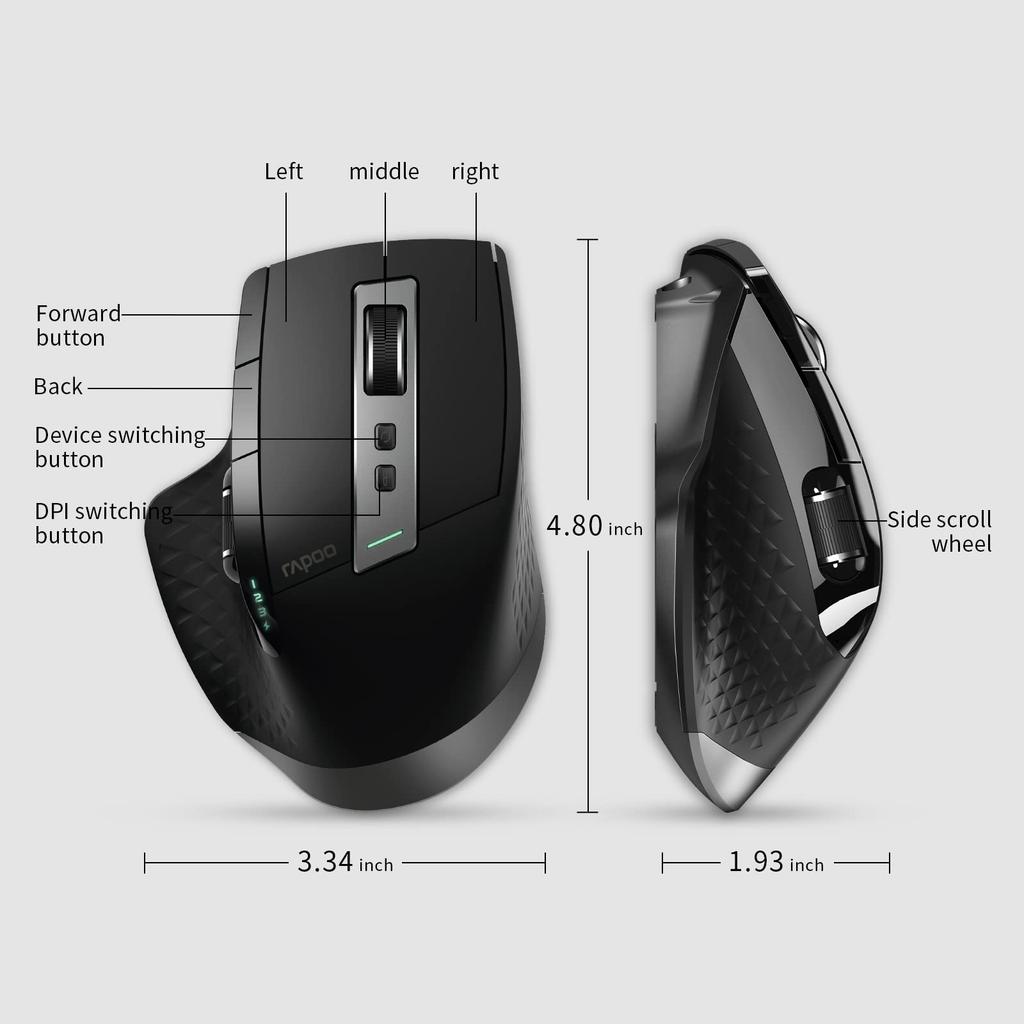 RAPOO MT750 Wireless Bluetooth DPI Supports Up to 4 Ergonomic 6 Programmable Optical Mouse with Side Compatible with and Black Mouse, 5.0/2.4GHz,
