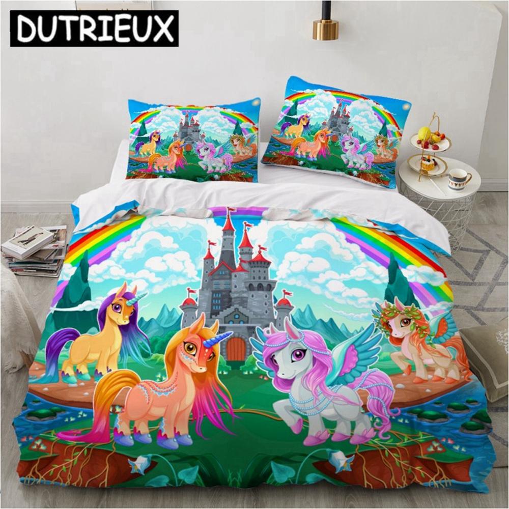Cartoon Unicorn Bedding Set 3D Printed Colorful Rainbow Unicorn Queen King Twin Full For Girl Kids Home Textile Duvet Cover