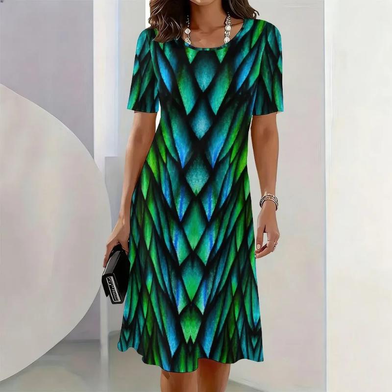 Fashion Women's Crew Neck Dress 3D Casual Color Printing Casual Dress