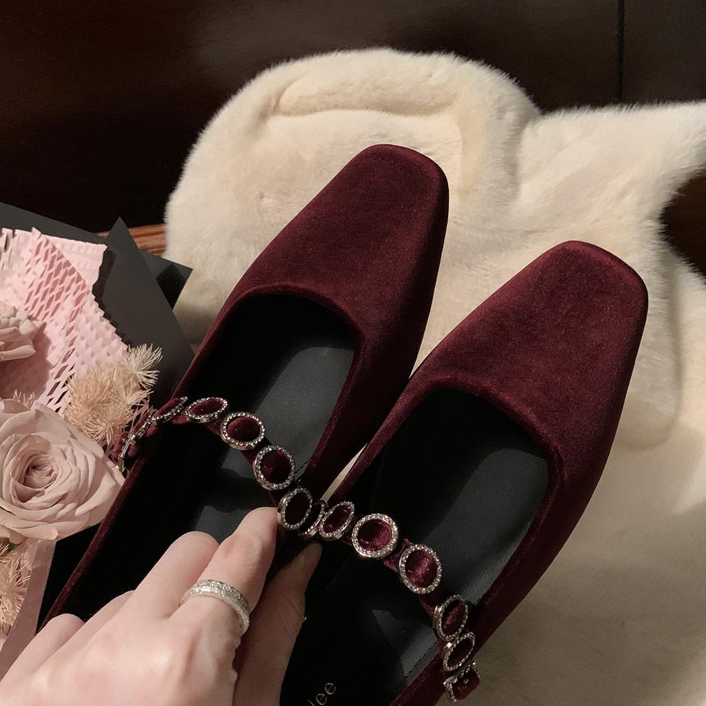 Sheepskin version~ French square head light mouth high heels one-word diamond strap ins low heel versatile Mary Jane shoes single shoes women