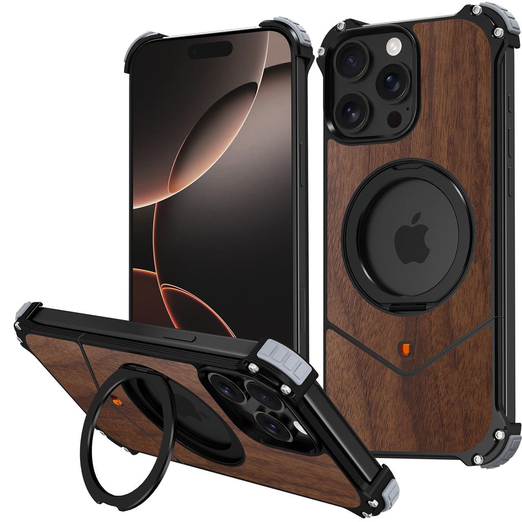 For iPhone 15 Pro Max Magnetic Case Wood Covered Metal Boardless Phone Back Cover with Kickstand
