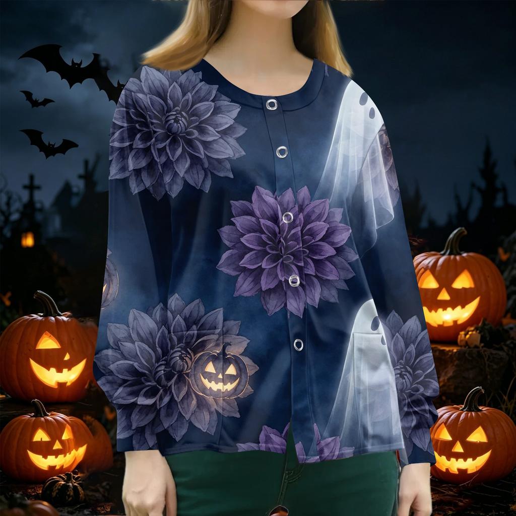 Women's Halloween Print Scrub Long Sleeve Cardigan Button Down for Casual Daily Wear