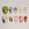 24PCS Sweet Flowers Patterns Green Short Almond Press On Nails Colorful Polka Dots Cute Star Stripes French Fake Nails Wearable
