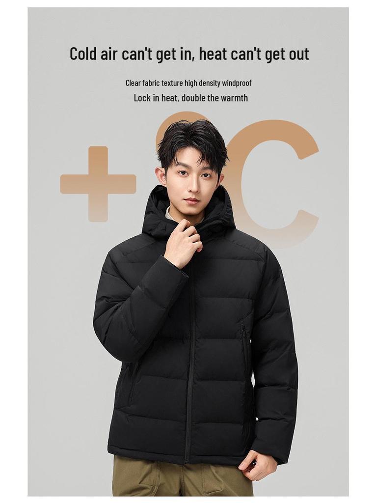 2025 A/W Men's Hooded Down Jacket: White Duck Down, Zipper Pockets, Warm, High Loft, Windproof.