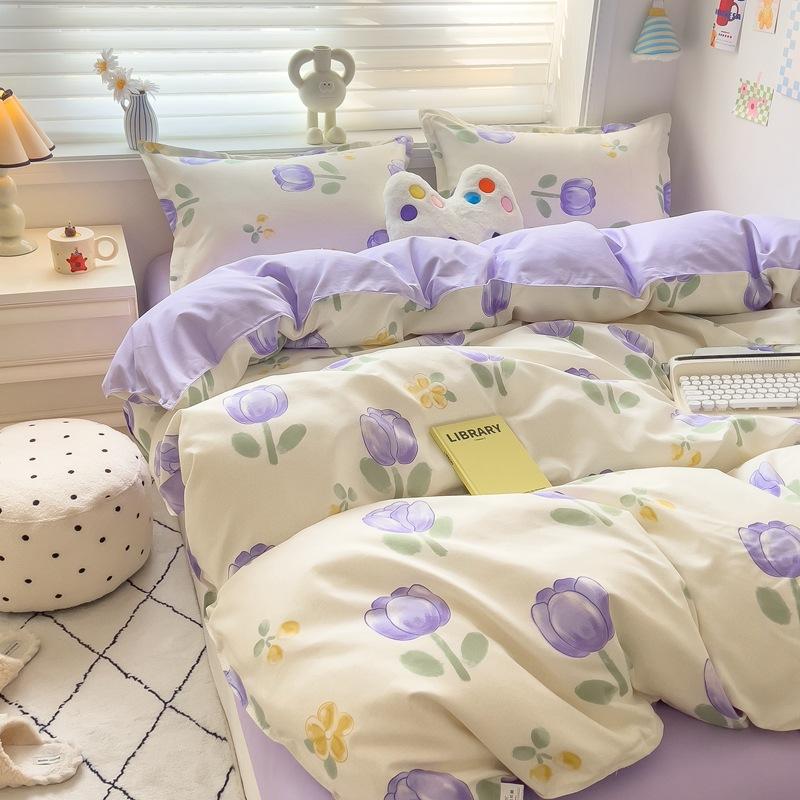 4Pcs Set Class A Maternal Infant Grade Small Fresh Grinding 4-Pcs Set Skin-Friendly Bed Sheet Washed Cotton Quilt Cover Dormitory 3-Piece Set