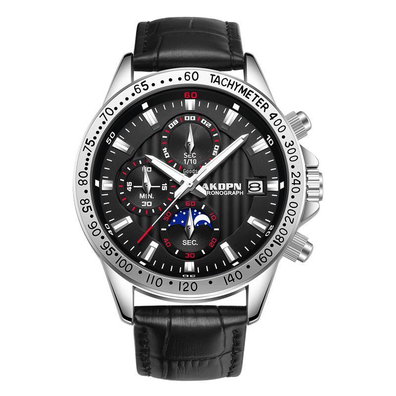 WLISTH Men s Quartz Watch: Leather/Steel Band, Moon Phase Tachymeter, Three-Eye Design, Business Style