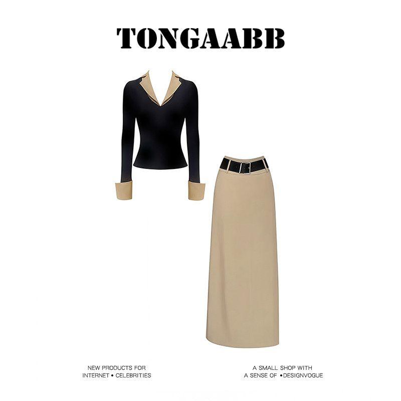 

Tongaabb Early Autumn Set Black Faux Two-Piece V-Neck Suit Dress Two-Piece Set Versatile and Fashionable Black and Khaki Suit S