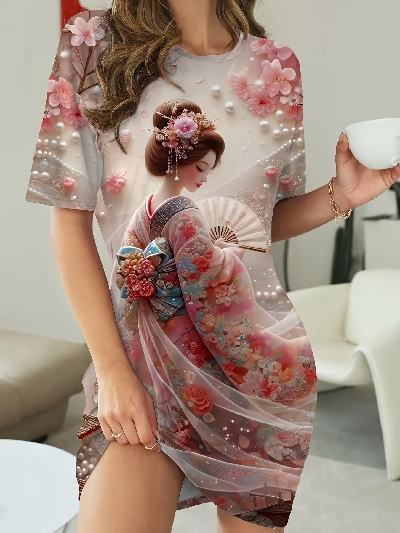 

Women S Japanese-Style Cherry Blossom Portrait Art Printed Casual Sleepwear - Comfortable Short-Sleeve Round-Neck T-Shirt Dress. Suitable for All Seas M дубильная кора