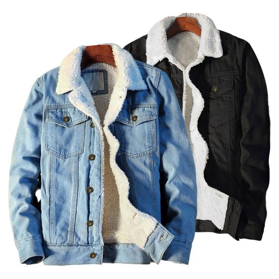 Men Jean Jacket Plush Lining Single Breasted Turndown Collar Solid Color Long Sleeve Coldproof Winter Thicken Lapel Denim Coat for Trip