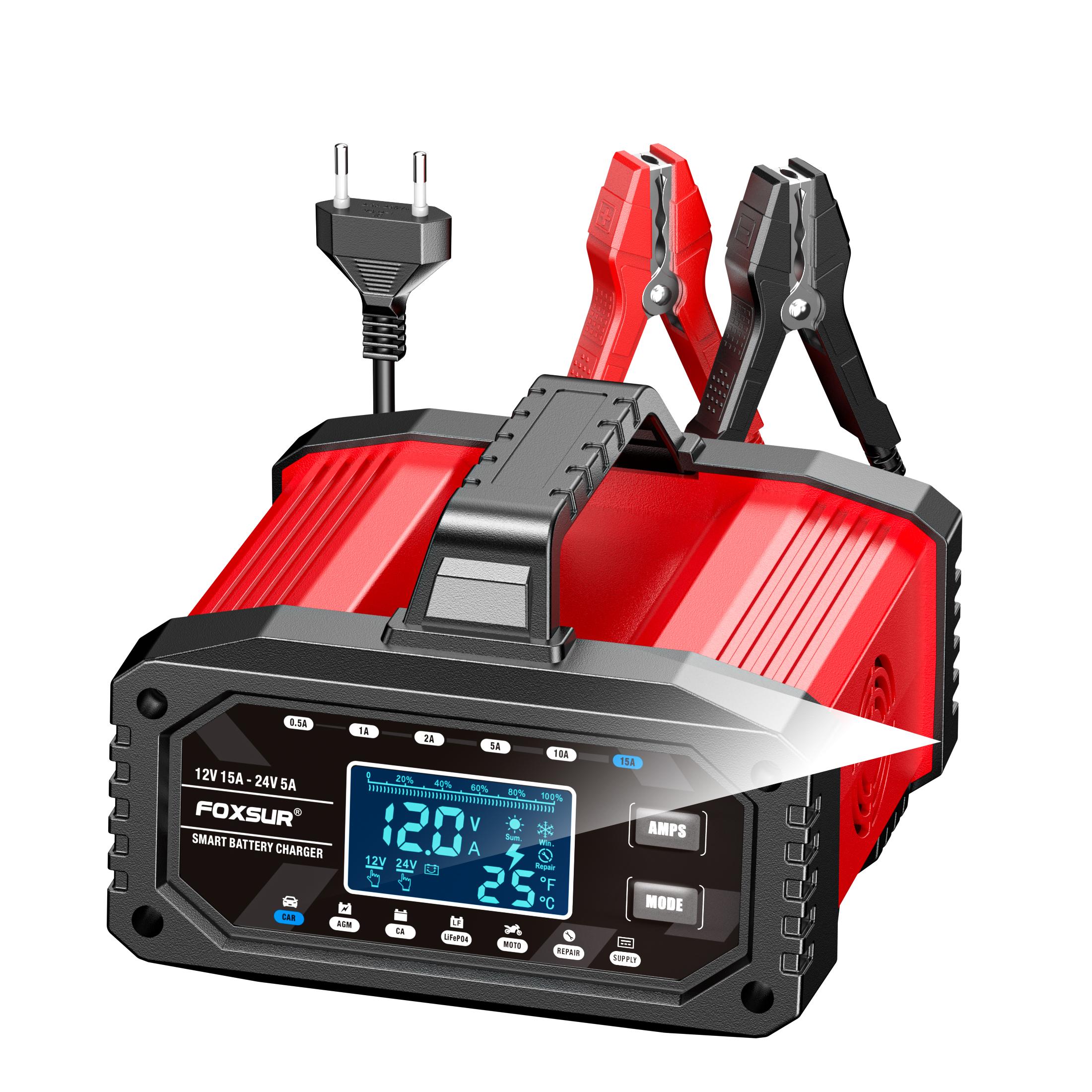 FOXSUR 15A/5A Car Motorcycle Battery Charger 12V/24V Smart Charger Lithium AGM GEL Lead-Acid LiFePO4 Battery Universal Chargers 220V EU Plug