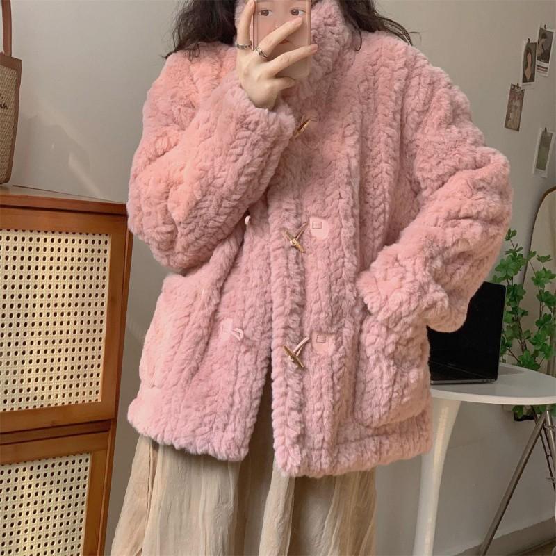 Lamb Wool Coat Women Winter Thick Imitation Otter Rabbit Hair Loose Plush Horn Buckle Round Collar W All-match Student