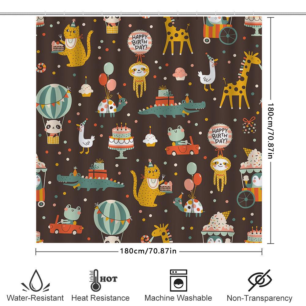 Adorable Animal Birthday Shower Curtain Set Kids Party Decorations For Bathroom Multicolored Pattern Canvas Fabric Perfect Gift