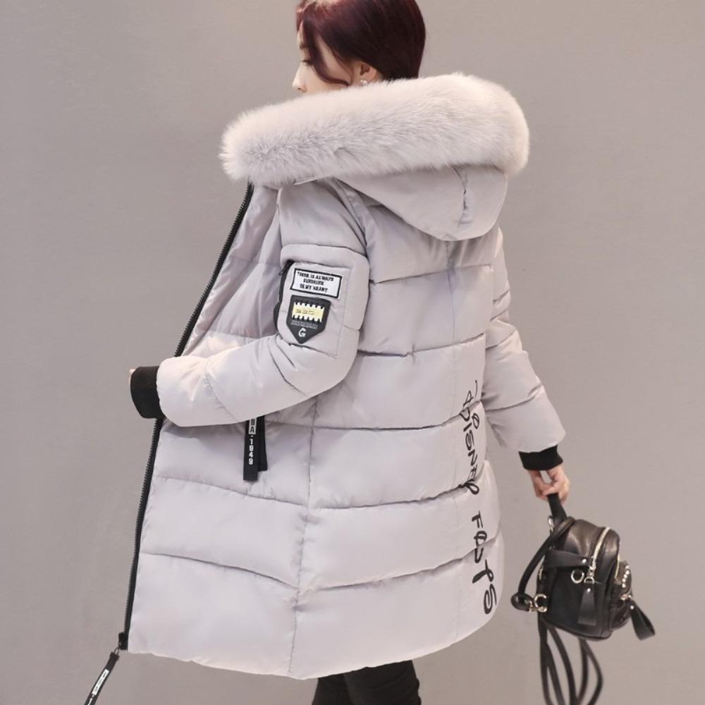 Women Winter Fur Collar Hooded Parka Fashion Letter Patch Zipper Pockets Design Long Jacket Elegant Slim Warm Thick Female Coats