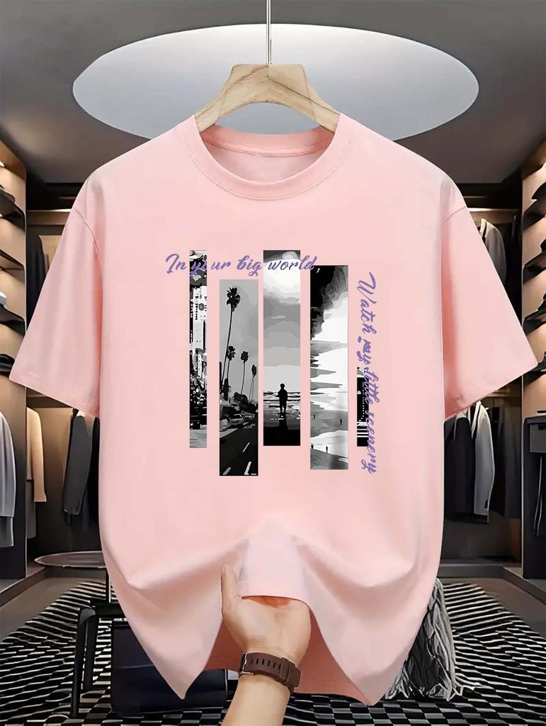 Summer Fashionable  Crew Neck T-Shirt - Men's Casual Short-Sleeve Tee with Seaside Letter Print, Slight Stretch, 180gsm