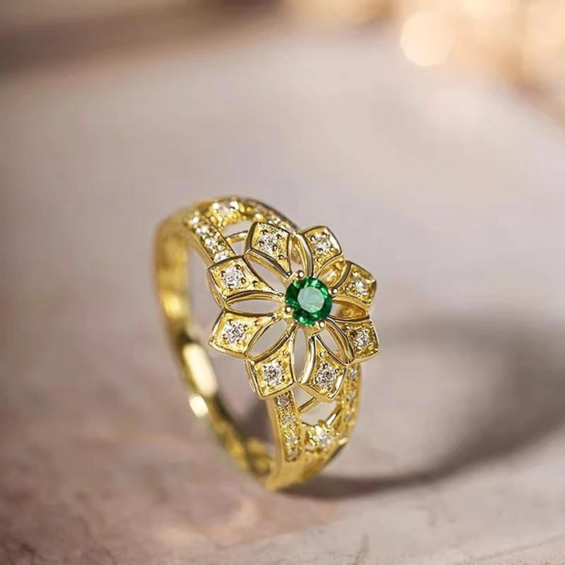 

CAOSHI Gold Color Elegant Rings for Women Hollow Flower Shape Luxury Green/White Cubic Zircon Wedding Party Statement Zircon 6